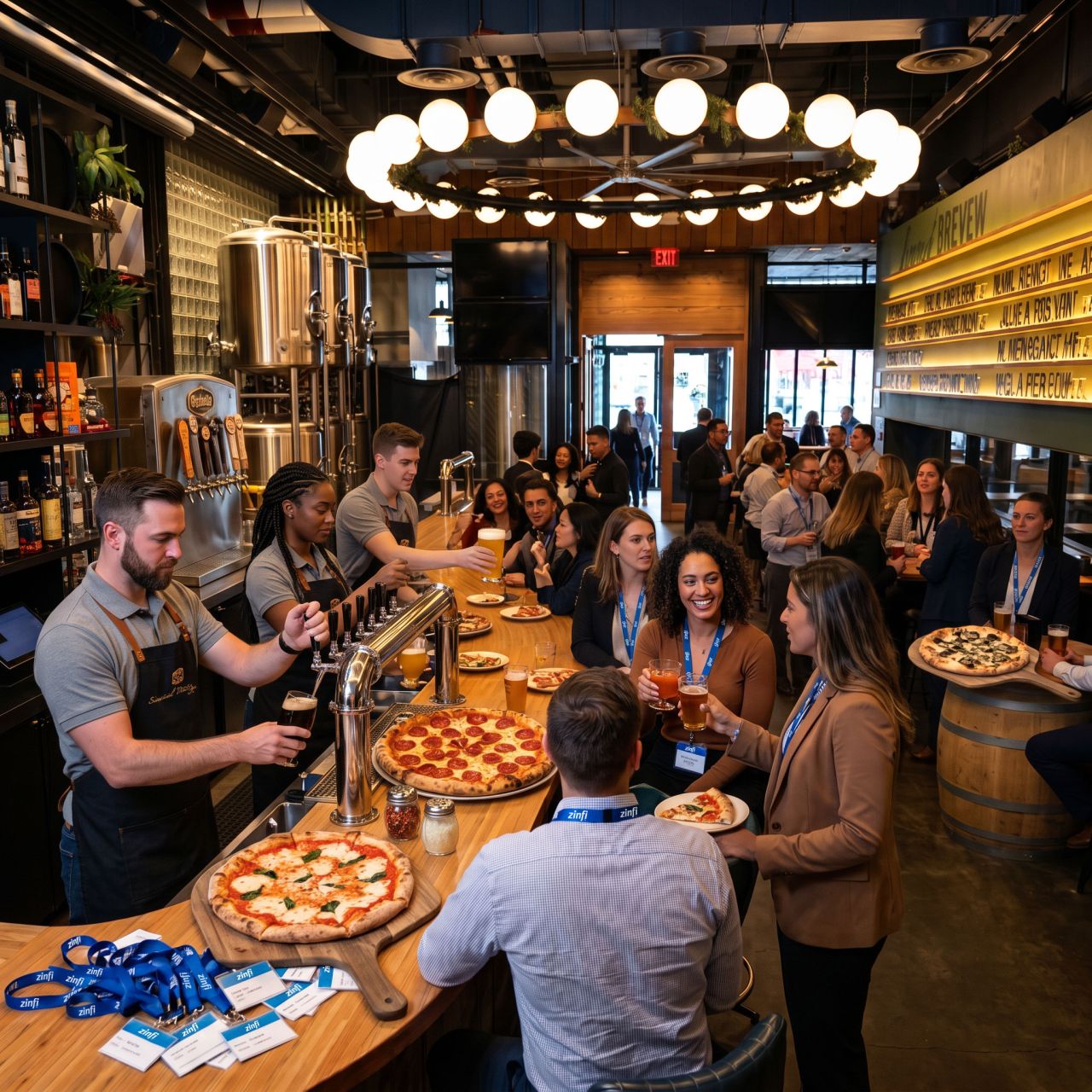 Guests at Sound + Fury Brewery with craft beer and brick-oven pizza at the bar