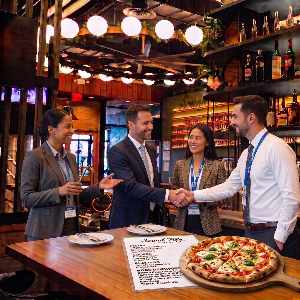 Attendees shaking hands over a table of brick-oven pizza at Sound + Fury