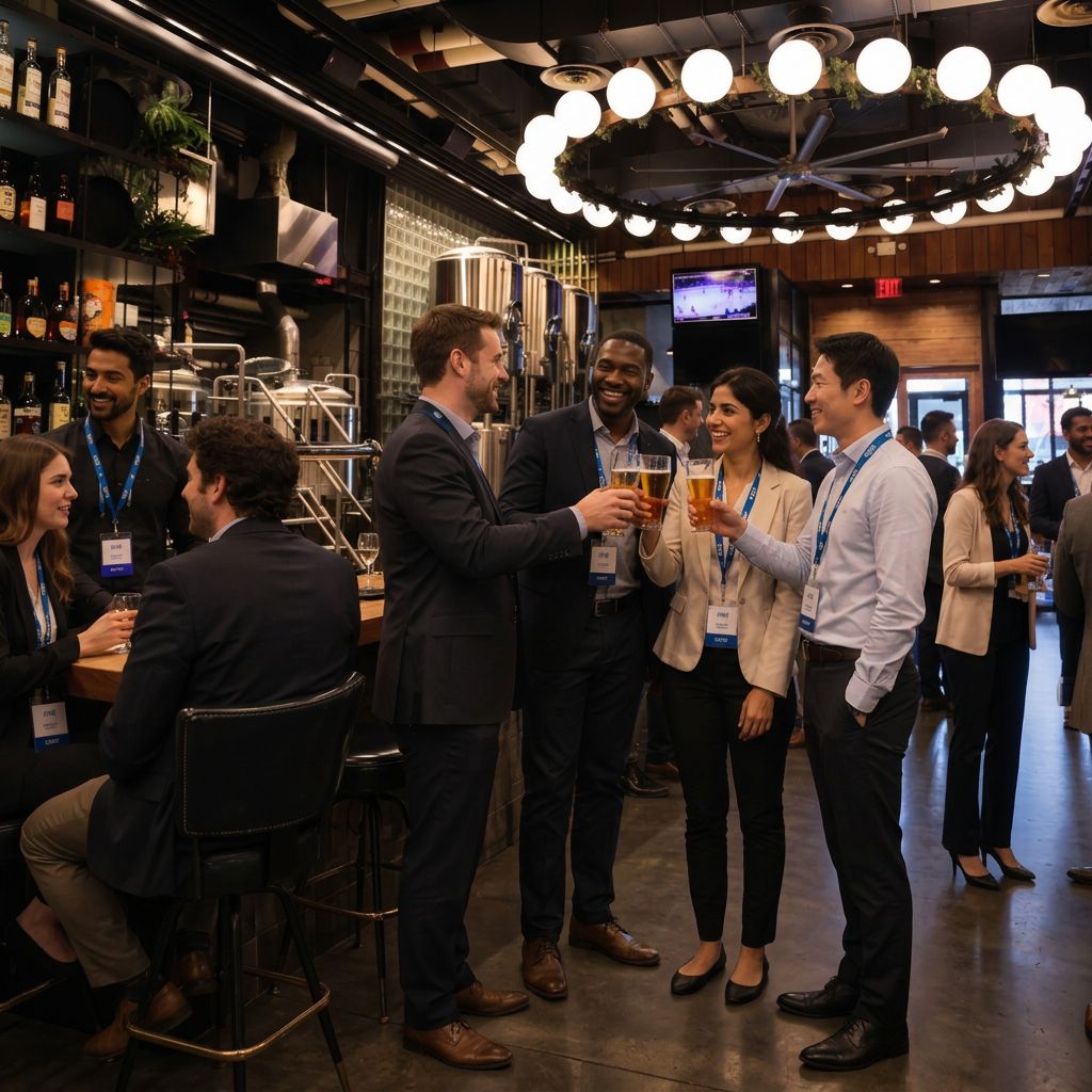 Partner and channel leaders toasting craft beers beside the brewery tanks